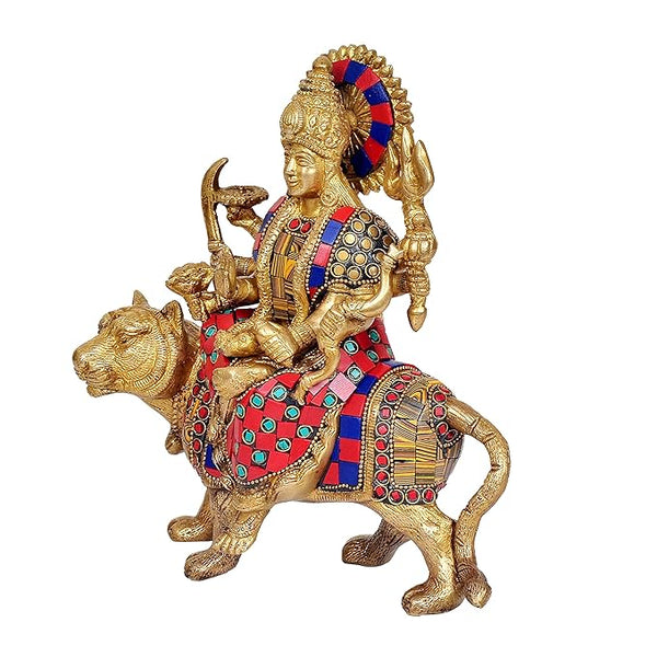 Brass Mother Goddess Durga Statue Sitting on Vehicle, Height 8 inch Study Setting