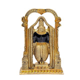Brass Venkateshwara idol close view, seated deity inside arched frame, dark finish