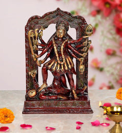 Mahakali Kali Mata idol statue with Shivji, red and gold finish, front view