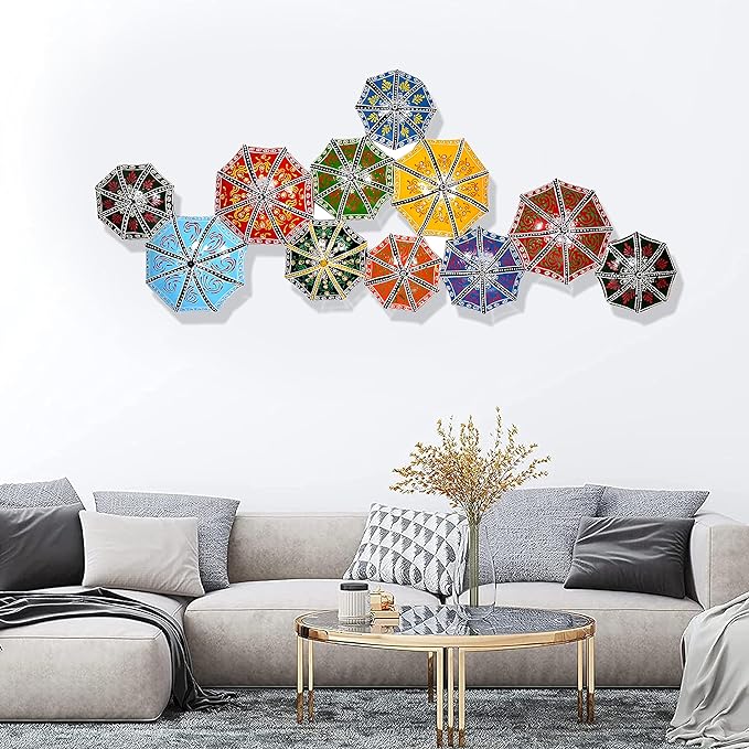 Metal Wall Decor/Wall Mounted | Eleven Umbrella Mounted Art 3D | Decorative Hanging Sculpture | Modern Arts Living Room Bedroom Office | Multicolored | Size width 41 Inch Depth 1.5 Inch Height 18 Inch