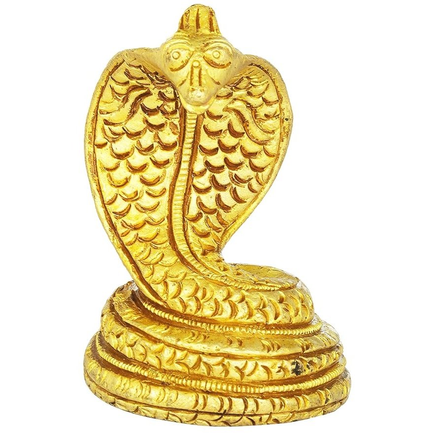 Brass snake figurine for Shiva Lingam, gold tone, coiled with hooded face