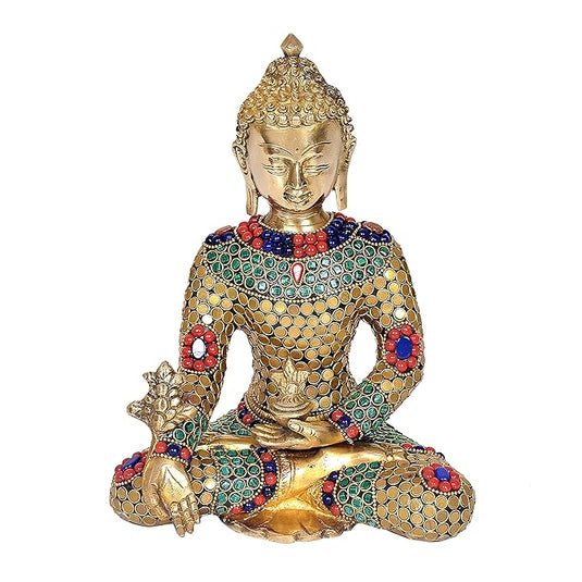 Image Brass Buddha Idol with detailed stone work (Height: 9 inches)