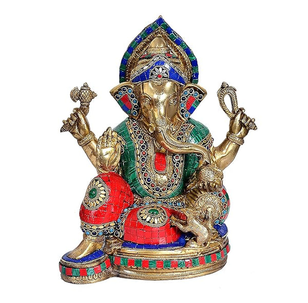 Brass Lord Ganesha Idol Statue Figurine Showpiece Home Office Temple Decorative Item Multicolour Height 13 Inches Entryway Setting