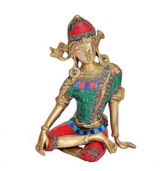 Brass Indra Dev idol seated, red crown, green outfit with jeweled trim
