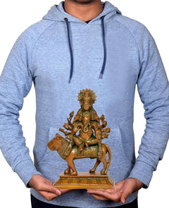 Brass Heramba Ganesha statue held in hands, 9-inch home temple idol