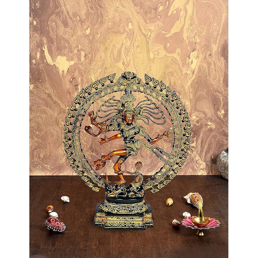 Brass Nataraja Shiva showpiece, dancing figure in detailed circular halo base