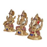 Brass Saraswati, Lakshmi & Ganesha idol statues, side views with red and blue detailing