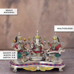 Brass Ganesh-Lakshmi-Saraswati idol set on multicolor base; 5.9 in height
