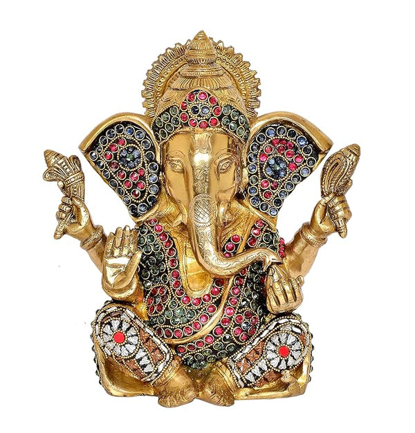 Brass Lord Ganesha Idol Statue Ganesh Decorative Sculpture for Home Office Temple Showpiece Golden (Height 10.5 Inch) Entryway Setting
