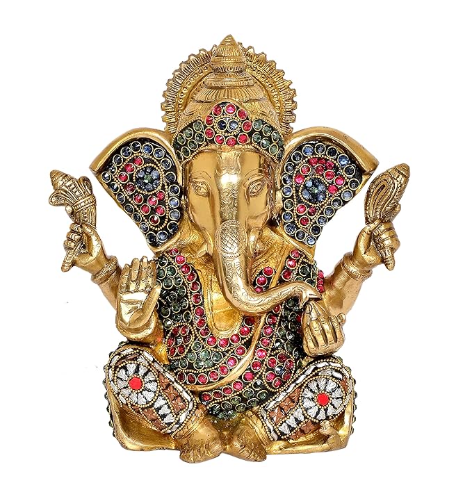 Brass Lord Ganesha Idol Statue Ganesh Decorative Sculpture for Home Office Temple Showpiece Golden (Height 10.5 Inch)