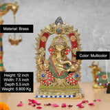 Brass Ganpati Bappa murti, 12 inch, multicolor finish on ornate base