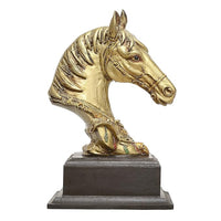 Gold-tone horse head figurine on dark wooden base, front view