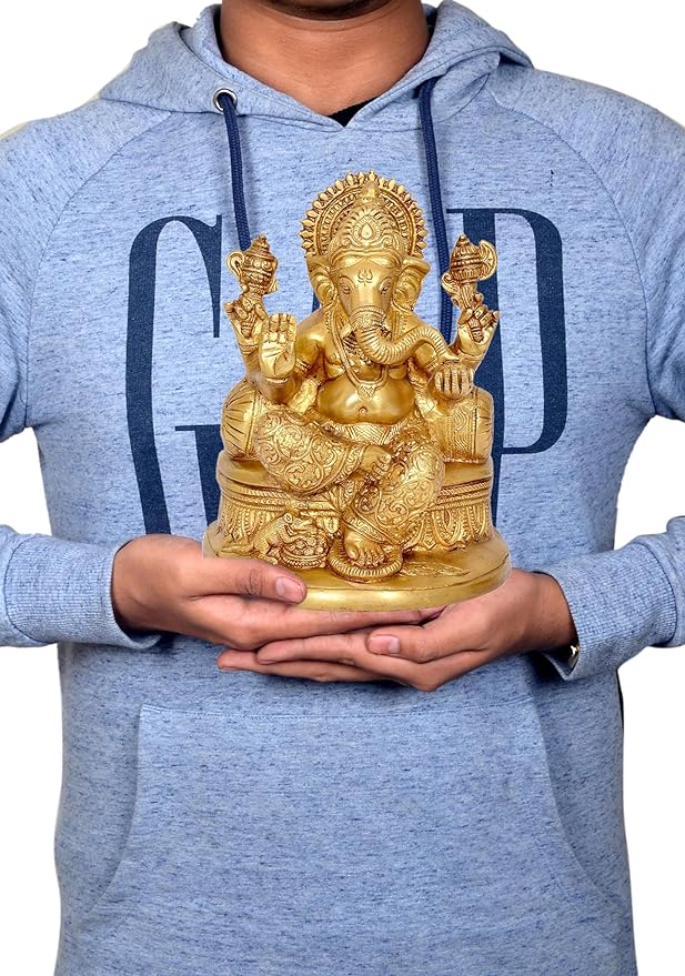 Brass Ganesha Statue Idol On Base Giving Blessings for Home Decor Temple | Height : 8 inches
