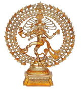 Brass Natraj Lord Shiva statue dancing pose with multi-armed form and circular halo