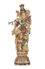 Brass Krishna murti on pedestal, ornate crown and colorful painted attire, 30 in