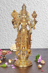 Gold-tone Vishnu Lakshmi idol statue, ornate body details and crown on base