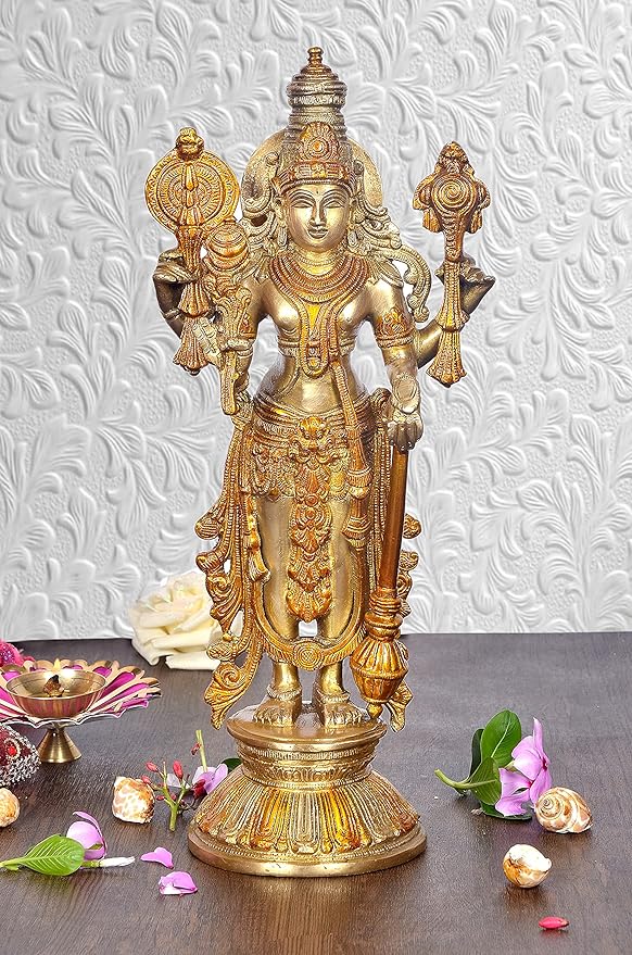 Brass Statue of Vishnu Lakshmi Idol Statue Religious Statue Height 12.5 Inch