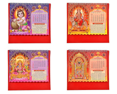 Set of desk standing calendar covers in red, each with different devotional artwork and month notes