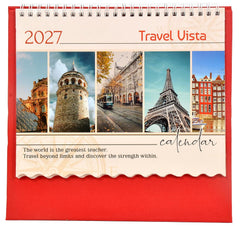 Red desktop calendar with spiral binding, 2027 Travel Vista cover and travel photos