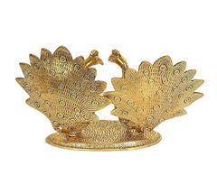 Gold-toned metal double peacock lovers figurine with dotted featherwork on round base