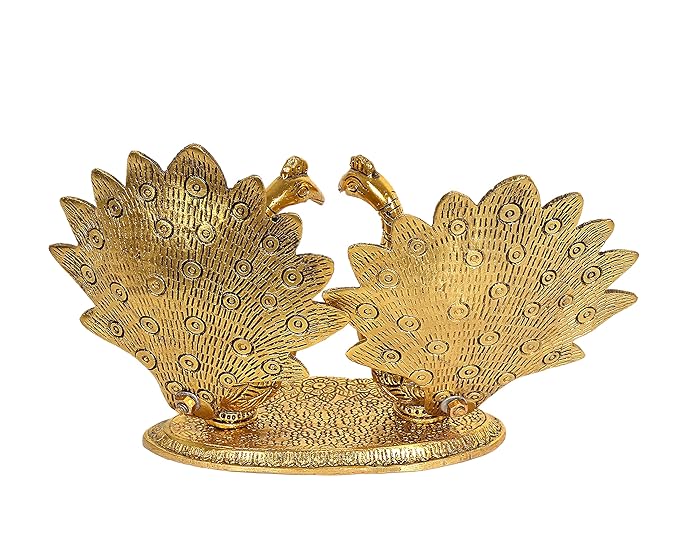 Metal Double Lovers Peacock Statue, Showpiece Figurine Gold Height 6 inch