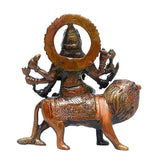 Brass Durga statue rear view on lion, textured dress and circular halo