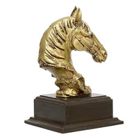 Gold-tone horse head polyresin figure on dark wooden pedestal base