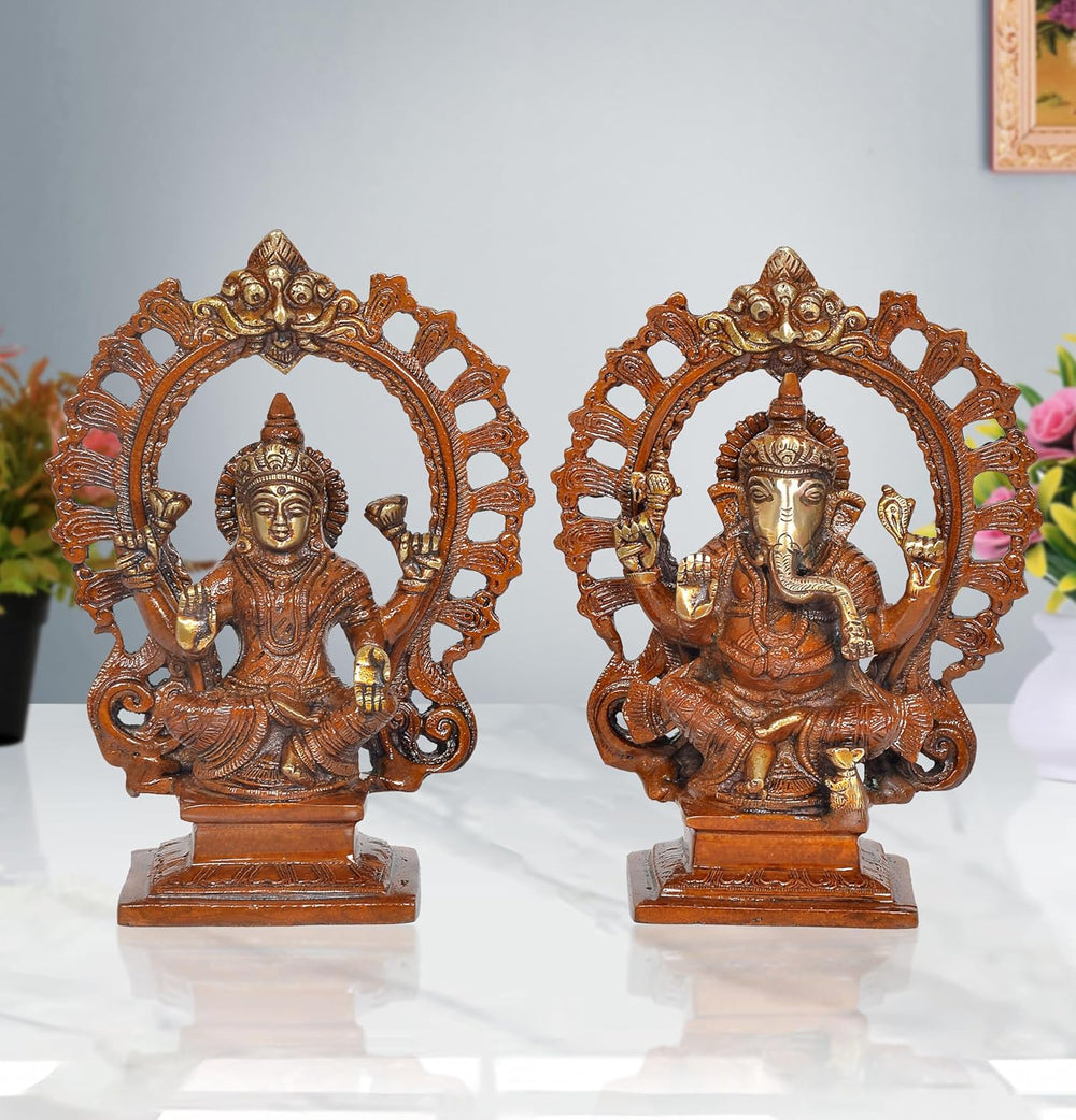 Brass Handcrafted Goddess Lakshmi and Lord Ganesha Idol (Height 7.5 Inch)