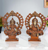 AONA brass Lakshmi and Ganesha idols, seated with ornate halos, 7.5 in height
