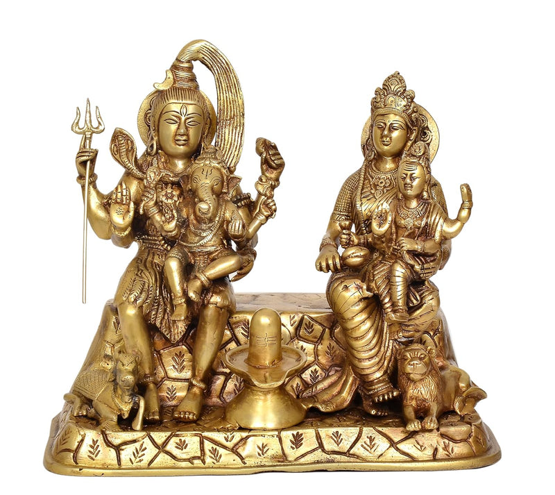 Brass Shiv Parivar Sitting Shiva Family Idol for Home Decor Pooja Mandir (Height 12 Inch)