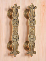 Golden brass door pull handles pair with rosette backplates and embossed floral relief