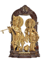 Brass Radha Krishna twin figures idol with arch backrest and engraved base