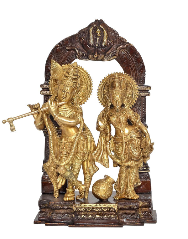 Brass Radha Krishna Idol Statue On Artistic Frame for Home Decor and Pooja Mandir Temple Office Decor (Height 14 Inch)