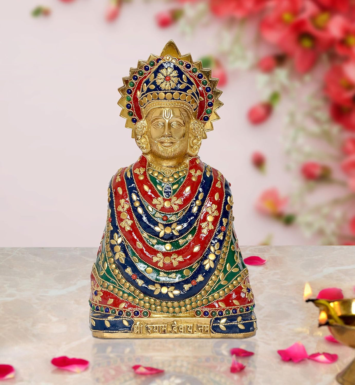 Brass Khatu Shyam ji idol statue, gold face with red/blue/green enamel details