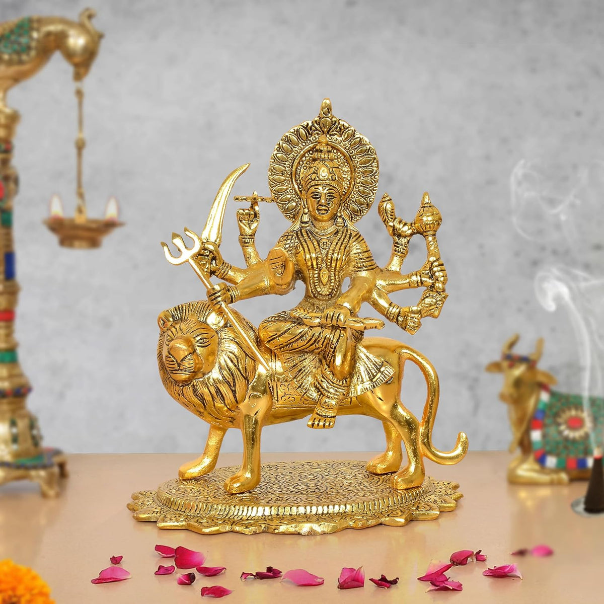 Durga Maa metal idol on lion with trident, multi-armed pose, 10-inch height