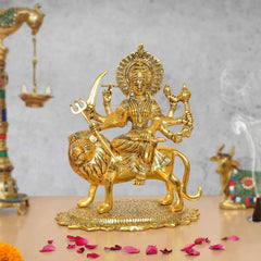Durga Maa metal idol on lion with trident, multi-armed pose, 10-inch height