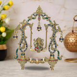 Brass Ganesha swing diya with bell frame, gold-tone and blue enamel, four hanging bells