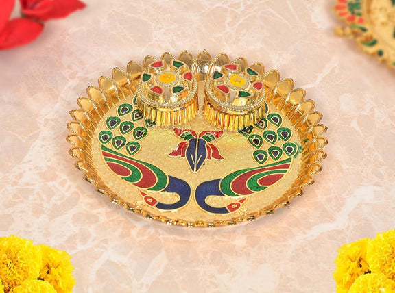 Gold-plated pooja thali tilak plate with twin bowls and peacock pattern
