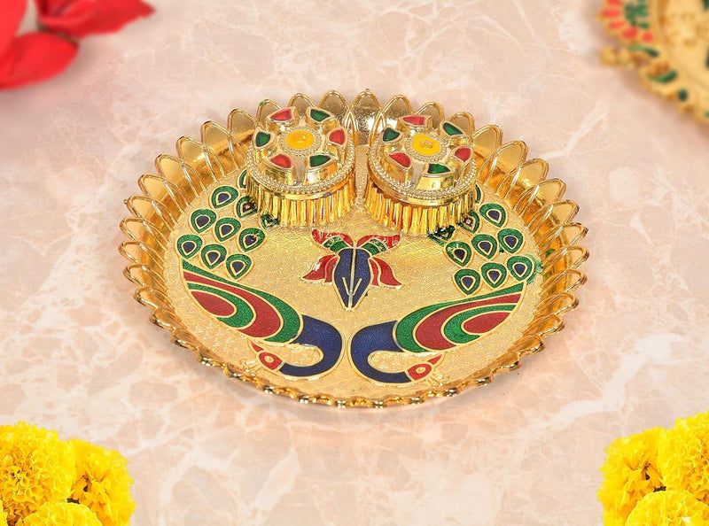 Gold-plated pooja thali tilak plate with twin bowls and peacock pattern