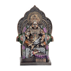 Bronze Kuber murti statue idol, front view, seated deity with decorative crown and pot