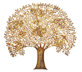 Golden brass Kalpavriksha tree wall hanging, side-angle view showing trunk base and roots