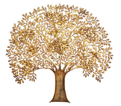 Golden brass Kalpavriksha tree wall hanging, side-angle view showing trunk base and roots