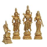 Golden brass Ram Darbar idol set, full-length standing figures on lotus bases, 12-inch
