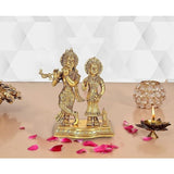Brass Radha Krishna figurine, two standing on ornate base