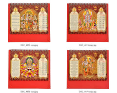 Spiral desk calendar pages with monthly layouts, devotional figures, and 2026 date grids