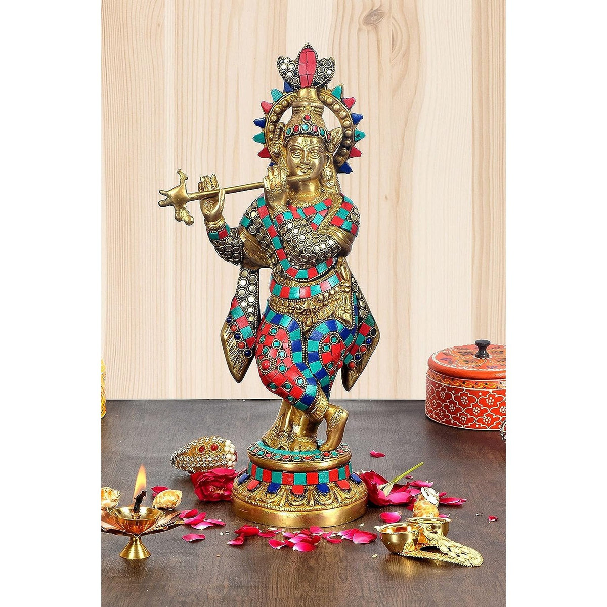 Brass Lord Krishna idol with multicolor inlay, raised flute hand and decorative crown