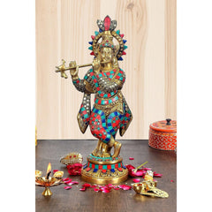 Brass Lord Krishna idol with multicolor inlay, raised flute hand and decorative crown