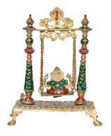Brass swing idol frame with seated Ganesha, four painted supports, hanging chain