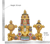 Brass Tirupati Bala Ji wall hanging, front view with ornate crown and side attendants