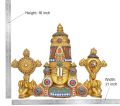 Brass Tirupati Bala Ji wall hanging, front view with ornate crown and side attendants
